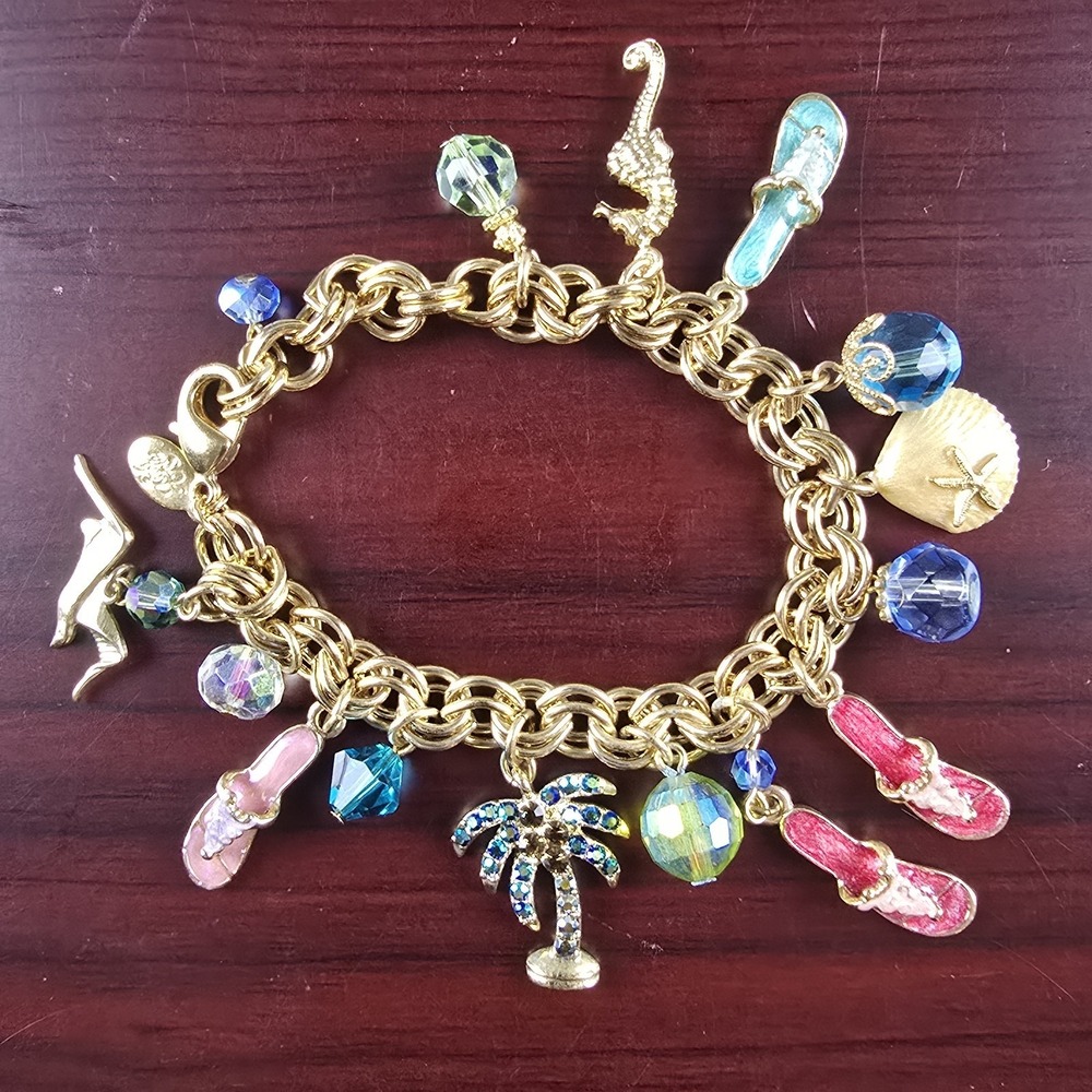 Vintage Kirks Folly Beach Charm Bracelet Flip Flops Palm Seahorse Gold Tone